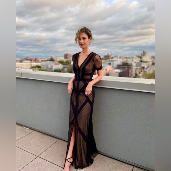 NWT BCBGMaxAzria Embroidered Tulle Sheer Black Maxi Dress - Picture 1 of 12